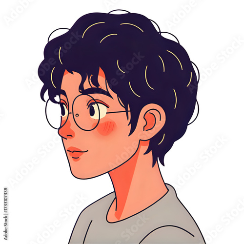 Illustration of a person with glasses and curly hair