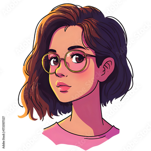 Illustration of a girl with glasses and short brown hair