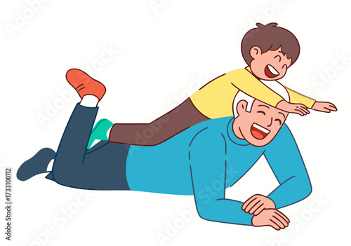 Joyful Child and Smiling Elderly Man Playing Together. Happy Family Fun Illustration.