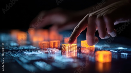 Human hands interacting with glowing digital blocks image