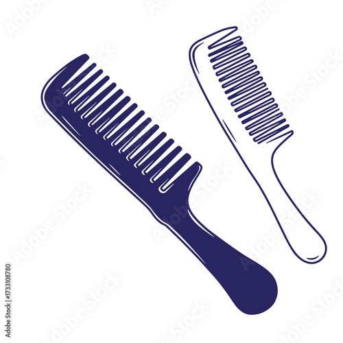 Vector illustration of two detailed hair combs in blue and outline styles isolated