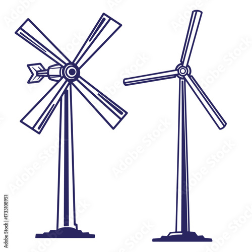 Vector illustration of two modern wind turbines generating clean renewable energy on white background