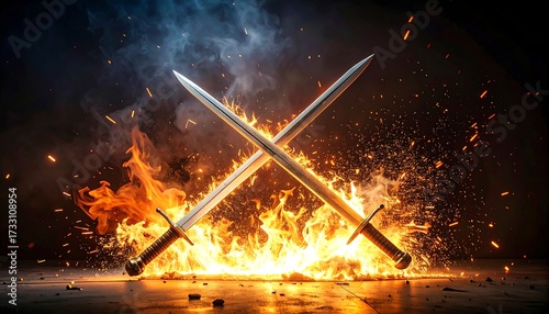 Crossed swords fiery ablaze
