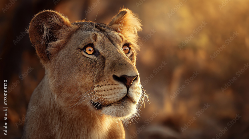 Obraz premium ferocity. Lioness with a focused gaze and detailed fur, bathed in golden savanna light with a natural habitat backdrop. wildlife magazines.