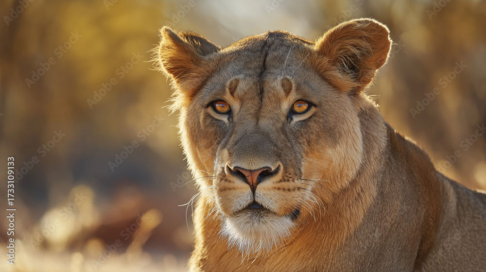 Obraz premium ferocity. Lioness with a focused gaze and detailed fur, bathed in golden savanna light with a natural habitat backdrop. wildlife magazines.