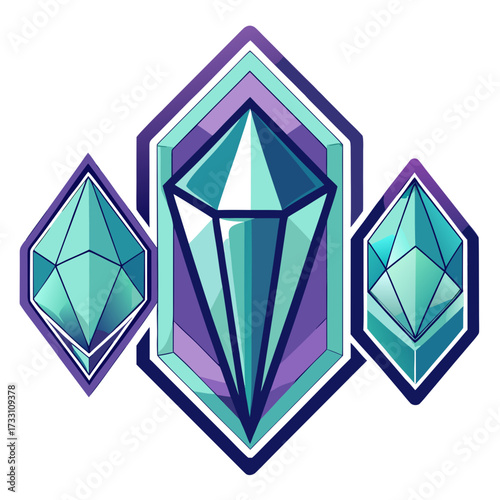 A set of frames and badges that look like faceted gemstones or raw crystal formations. The designs use sharp, geometric lines to mimic the natural planes of amethyst, quartz, or emerald, often with a 