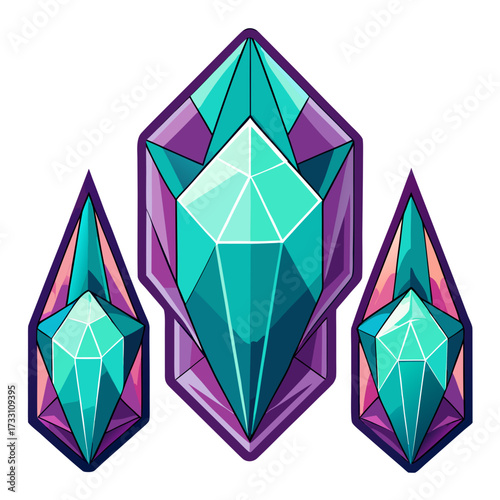 A set of frames and badges that look like faceted gemstones or raw crystal formations. The designs use sharp, geometric lines to mimic the natural planes of amethyst, quartz, or emerald, often with a 