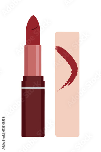 Elegant Burgundy Lipstick and Smear Swatch Illustration. Minimalist Beauty Cosmetic Design Element. Vector.