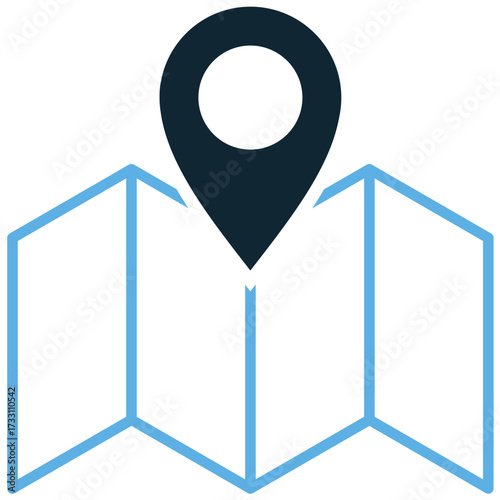 Map location icon vector. A graphic representation of a map with a prominent pin marker. Essential for GPS, address lookup, and navigation tools.