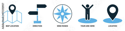 Set of location and navigation vector icons. Essential graphics for GPS, travel, and mapping applications. This collection is ideal for user interface, providing clear symbols for finding places
