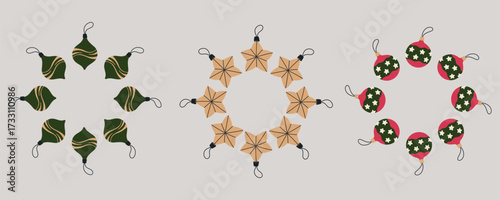 Set collection of Christmas New Year wreaths boarder round frames of christmas tree toys