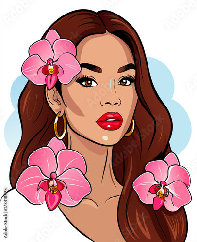 Beautiful Woman Portrait with Pink Orchids and Red Lips Vector Art