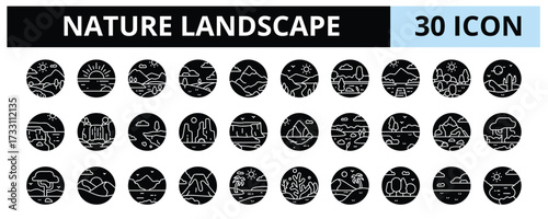 30 Nature Landscape Glyph Icons Vector - Valley, River, Lake, Cliff, Plateau, Tundra, Rainforest, Savannah, Dune, Oasis