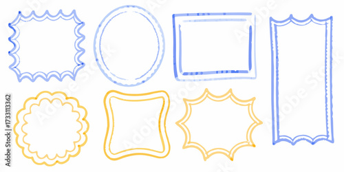 Collection of hand drawn watercolor style frames and borders in blue and yellow on white background