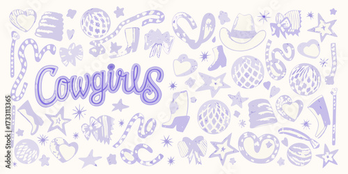 Whimsical cowgirls text surrounded by a variety of fun purple doodle icons and illustrations