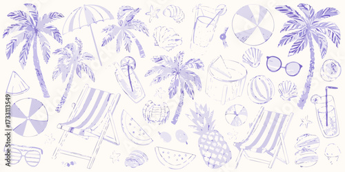 Whimsical purple sketched summer beach vacation elements including palm trees beach chairs drinks and sunglasses