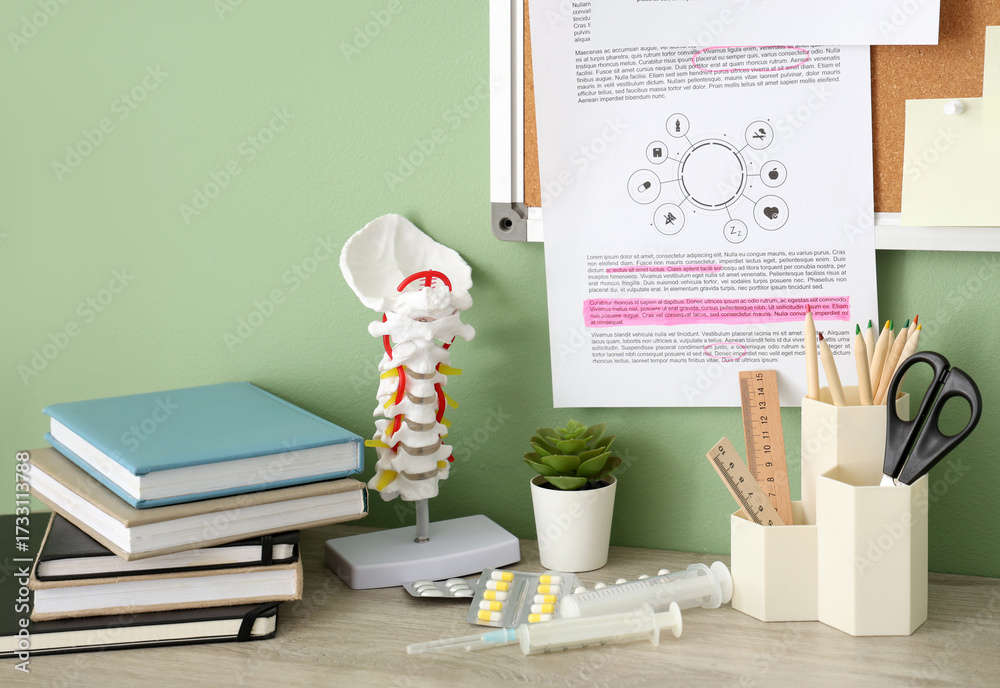 Obraz premium Medical student's supplies on table near green wall