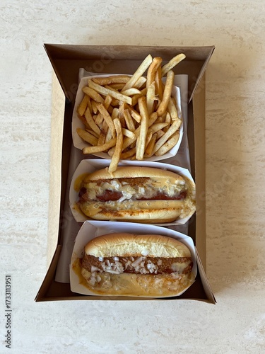 Chili cheese dog with fries