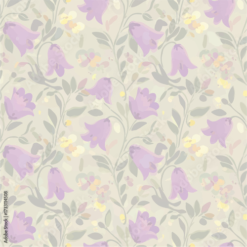 Floral pattern featuring bell-shaped purple flowers, green leaves, and yellow accents on a light background.