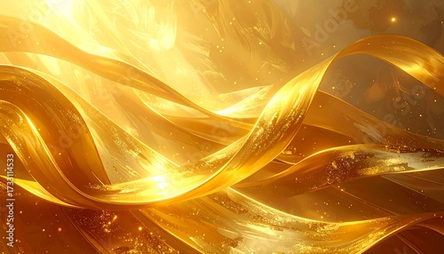 An abstract display of shimmering golden ribbons, gracefully flowing and swirling in a radiant, ethereal light