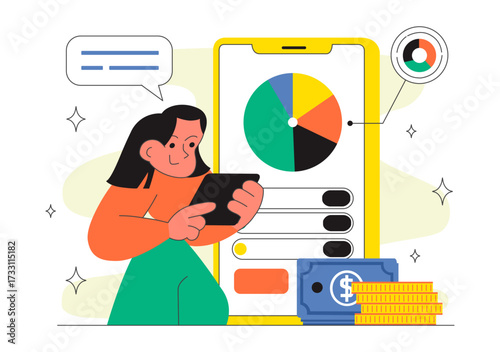 Personal Finance Management Apps Illustration Featuring Financial Planning App for Earnings,Expenses Control, Budget Planning, and Cost Optimization