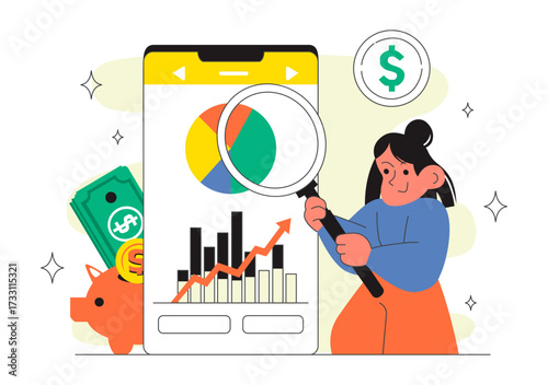 Personal Finance Management Apps Illustration Featuring Financial Planning App for Earnings,Expenses Control, Budget Planning, and Cost Optimization