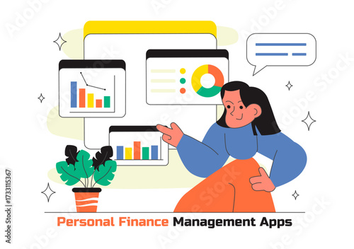 Personal Finance Management Apps Illustration Featuring Financial Planning App for Earnings,Expenses Control, Budget Planning, and Cost Optimization