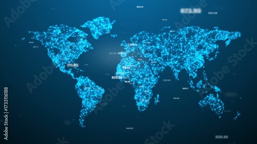 Digital world map highlights global economy and networks marketing. World map represented by fluctuating lines and numbers showcases the interconnected nature of global financial data