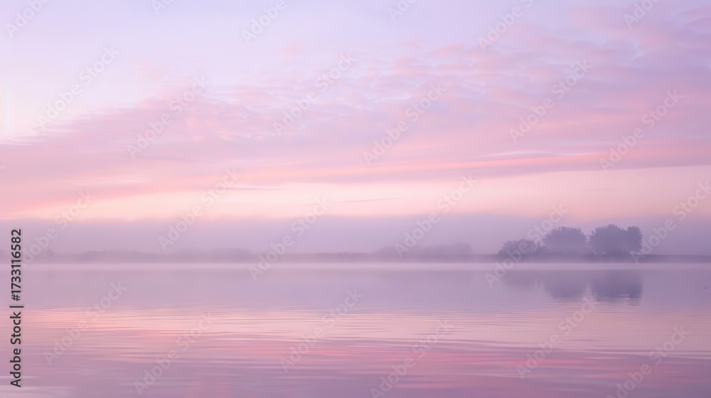 Fototapeta premium Soft Pastel Pink Mist Drifts Over a Calm, Glass-Like Lake as Sunrise Light Glows—Capturing a Serene, Dreamy Morning Scene Ideal for Landscape, Nature, or Tranquil Visual Projects.