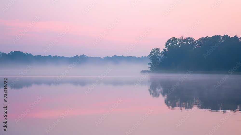 Fototapeta premium Soft Pastel Pink Mist Drifts Over a Calm, Glass-Like Lake as Sunrise Light Glows—Capturing a Serene, Dreamy Morning Scene Ideal for Landscape, Nature, or Tranquil Visual Projects.