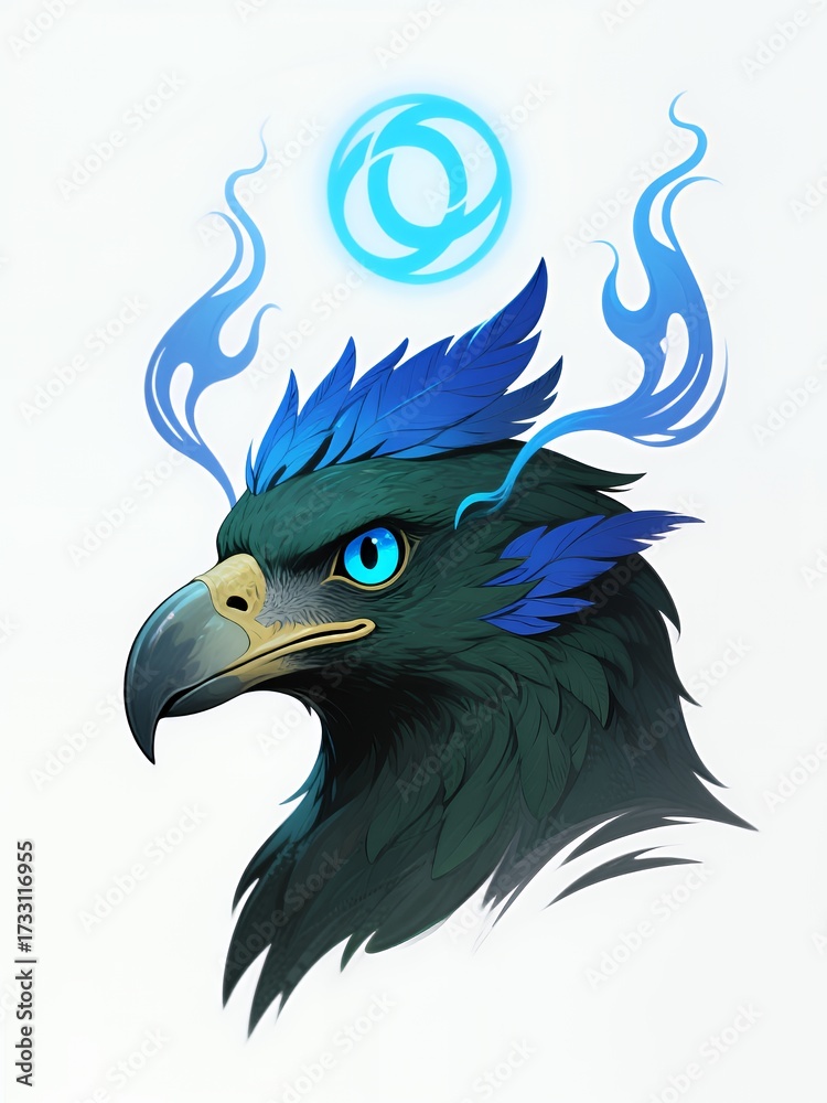Fototapeta premium Mythical Eagle with Blue Flames and Magical Symbol Illustration
