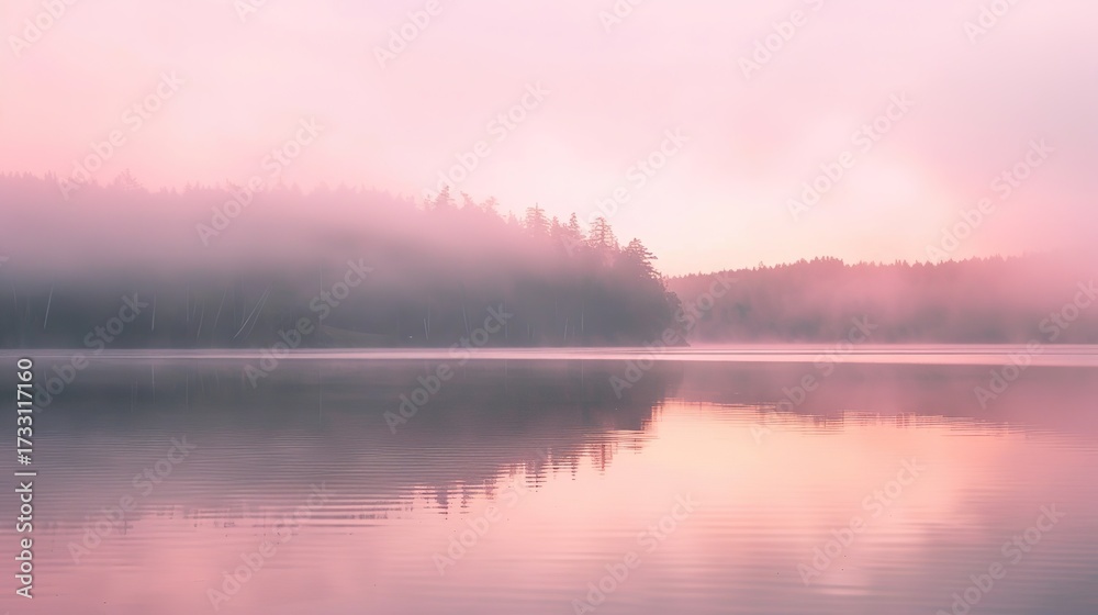 Fototapeta premium Soft Pastel Pink Mist Drifts Over a Calm, Glass-Like Lake as Sunrise Light Glows—Capturing a Serene, Dreamy Morning Scene Ideal for Landscape, Nature, or Tranquil Visual Projects.