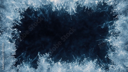 Delicate ice crystals form a frosty frame against a dark, blurred background