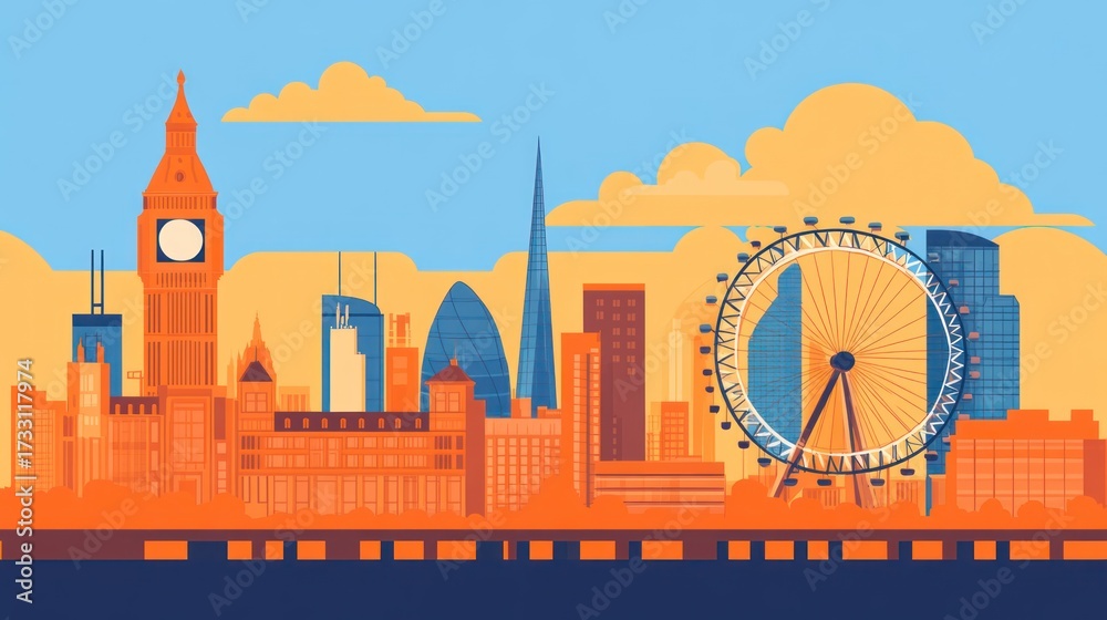 Fototapeta premium Cityscape illustration featuring buildings and structures under a blue sky