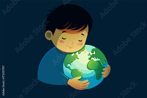 Child lovingly embraces glowing Earth, symbolizing unity, care, and environmental hope.