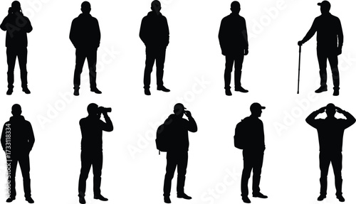 Silhouette of men standing, walking, using phone, carrying backpack, holding cane, binoculars, urban lifestyle, outdoor activity, isolated figure.