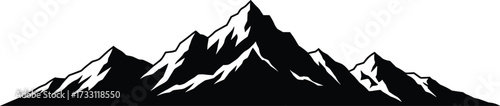 Black mountain silhouette with snowy peaks, high alpine range illustration, nature landscape design, outdoor adventure, wilderness travel background vector art