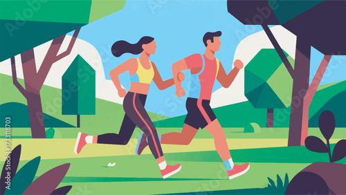 Illustration Of A Couple In Sportswear Running Together In The Park Vector Design Template