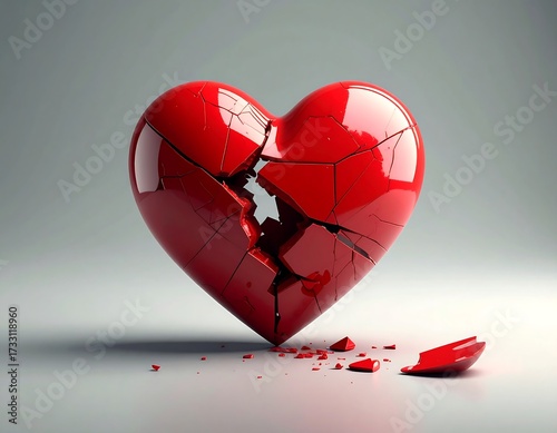 A glossy red heart shattered into pieces