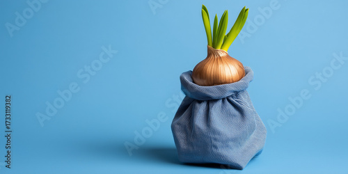 Potted onion sprouting from a textured fabric bag on a blue background.