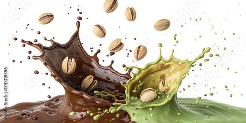 Pistachio Collision A Vibrant Splash of Chocolate and Green Tea Flavors with Falling Nuts on a Black Background