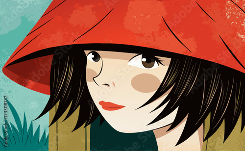 Captivating Young Woman in Traditional Asian Conical Hat Vector Illustration