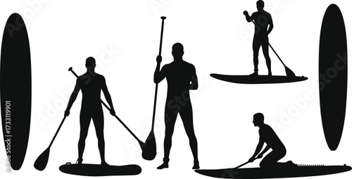 Silhouette of people paddleboarding with paddles on stand up boards, summer water sport activity, outdoor adventure lifestyle, recreation vector illustrationSilhouette of people paddleboarding with 