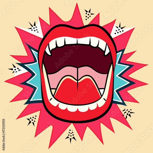 Dynamic Graphic Illustration of an Open Mouth Yelling with Red Lips and Teeth