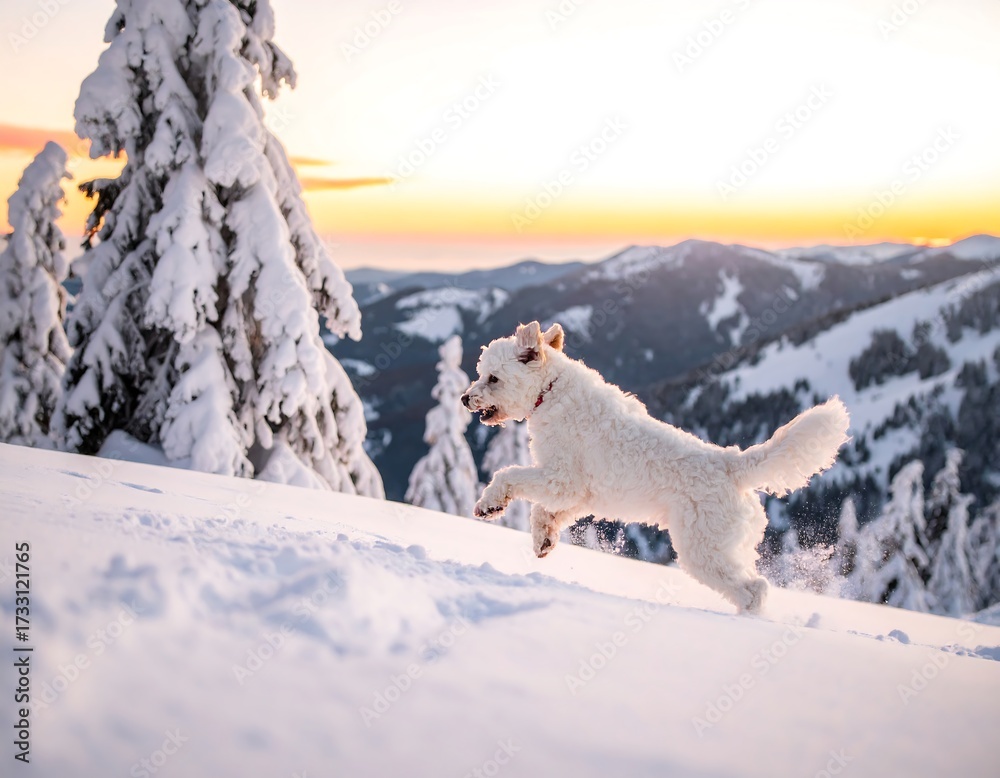 Naklejka premium Playful white dog running on snowy mountain at sunset