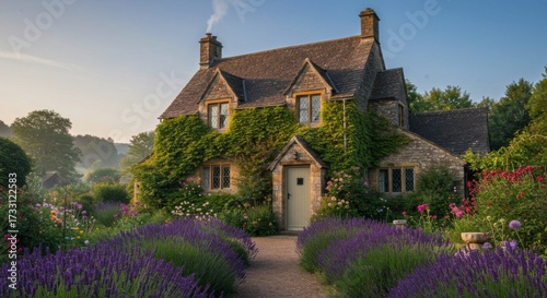Picturesque cotswold cottage with lavender garden in the morning