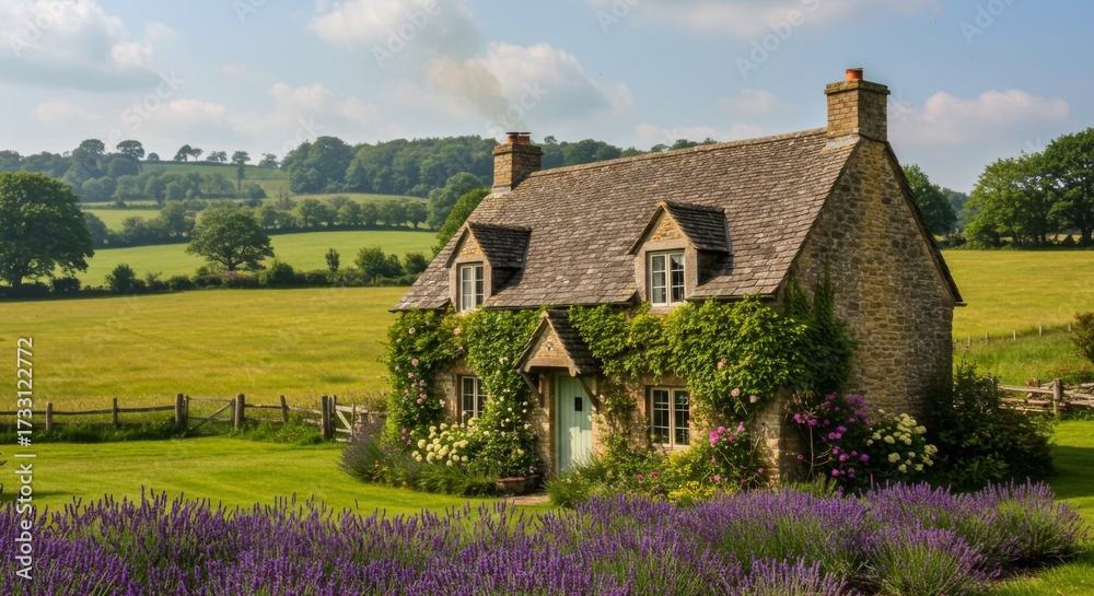 Fototapeta premium Quaint english cottage with lavender and flowering vines
