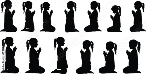 Silhouette of praying girl, child in kneeling position, faith, devotion, meditation, worship, peace, spirituality, religion, hope, belief, prayer, silhouette