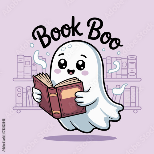 Book boo ghost, cute librarian vibe, holding open book, library shelves background, literacy encouragement design, halloween reading vector