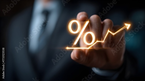 Businessman holding glowing arrow and percentage icon, financial growth chart for interest rate, dividends, marketing ROI and business profit metrics --ar 16:9